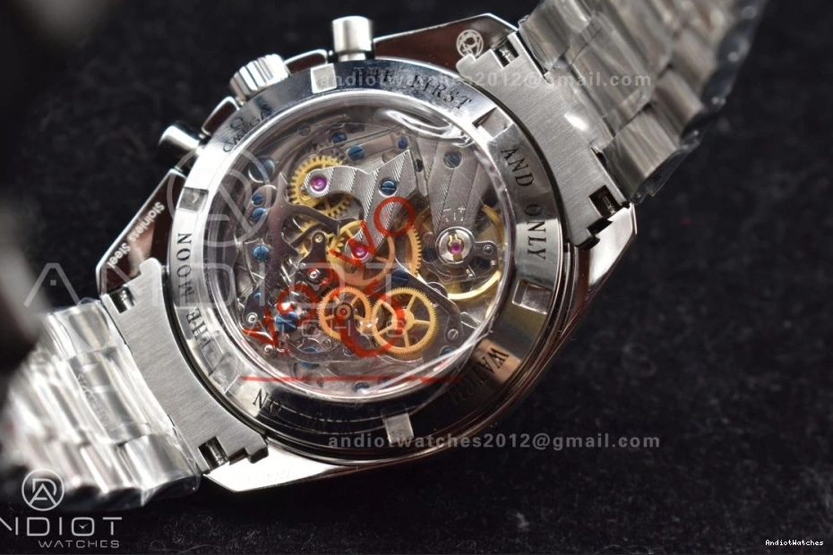 Back MoonWatch Manual SS Winding 1121 Speedmaster Effortless SS OMF Chrono Transparent Movement Black Sapphire Bracelet on Crystal Dial with 1224